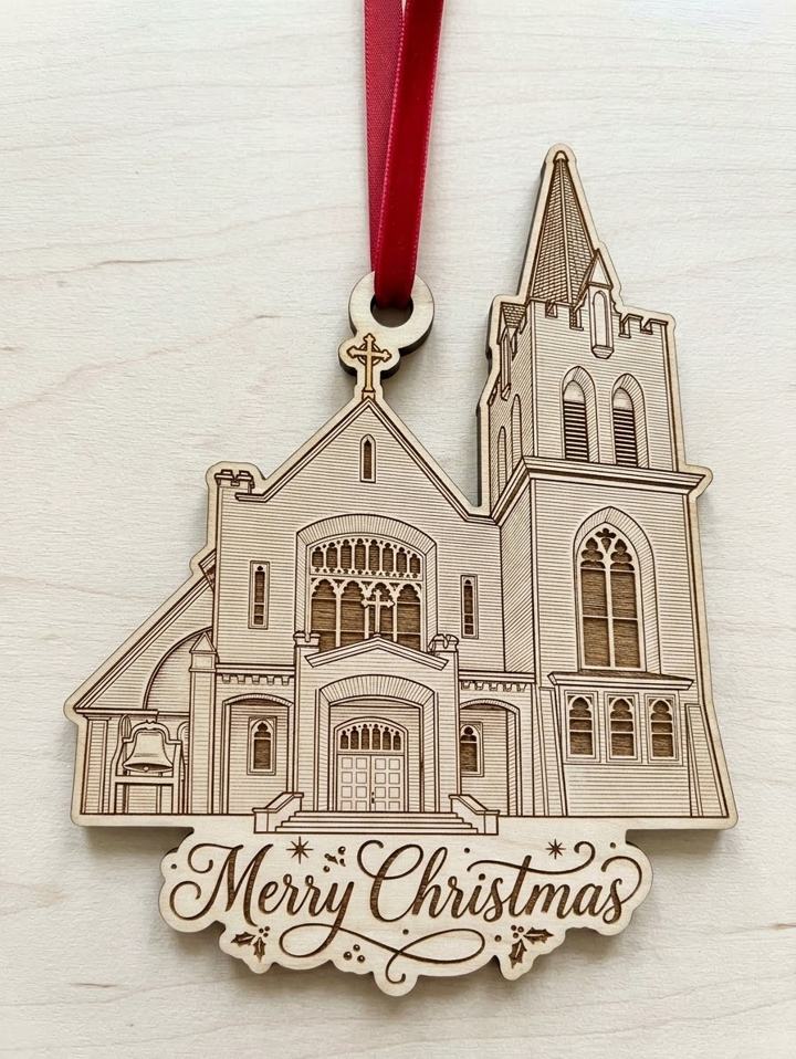 Harbor Light Church custom woodcut ornament with Merry Christmas banner